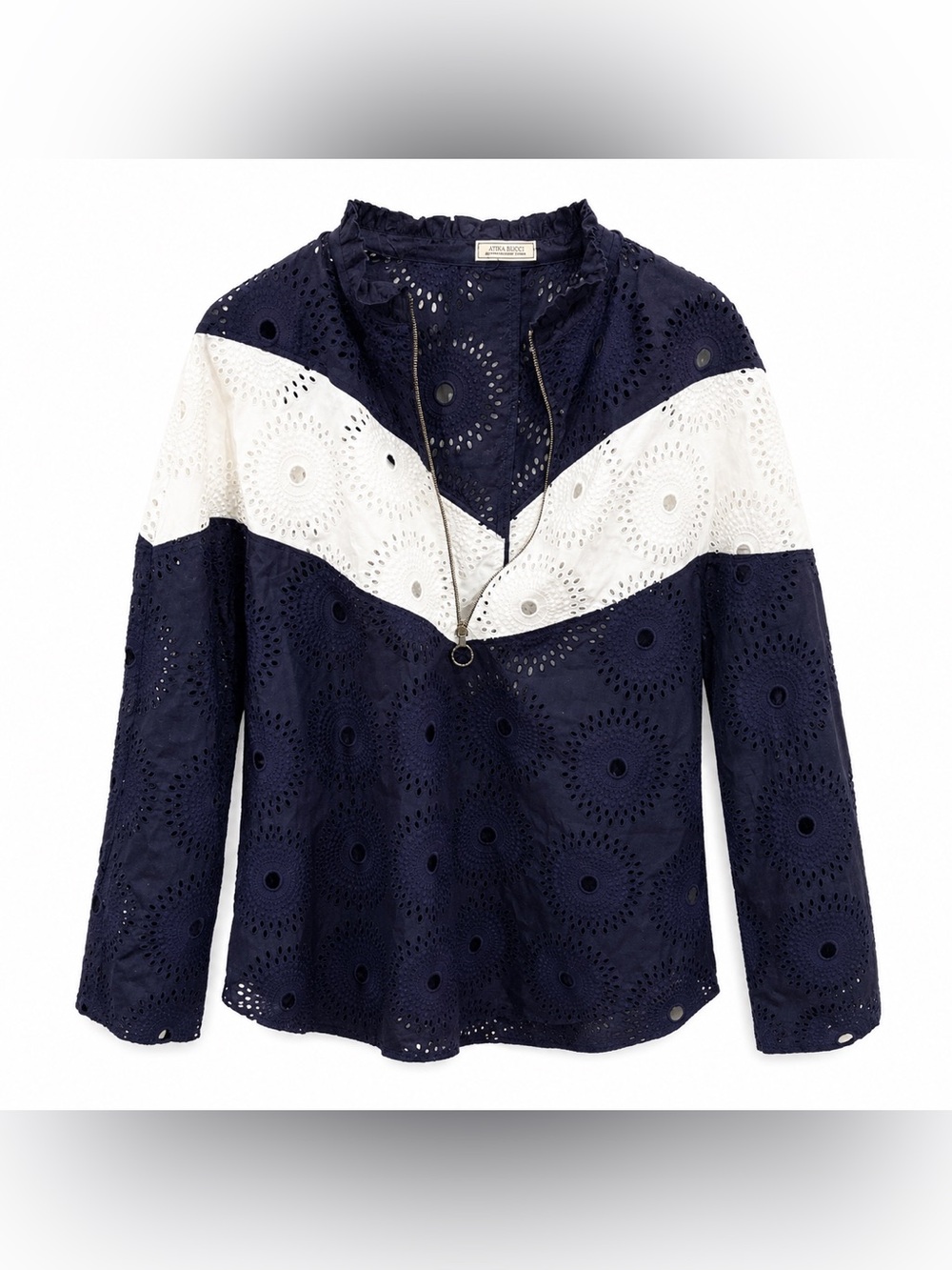 Rare Nina Ricci Eyelet Cotton Blouse Top 38 US 6 Purple White 1/4 Zip Paris - Picture 1 of 4